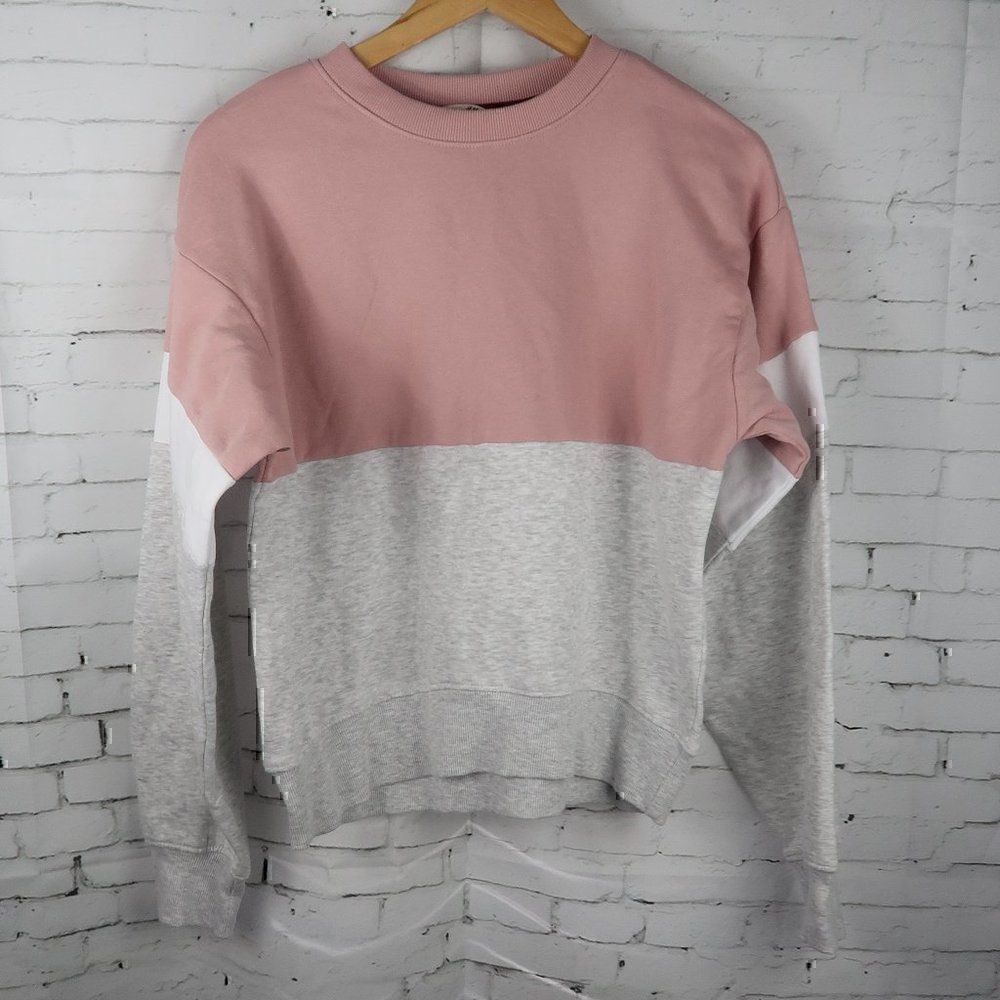 H&M PINK GREY & WHITE COLORBLOCK LONG SLEEVE CREW NECK CROP OVERSIZED SWEATSHIRT